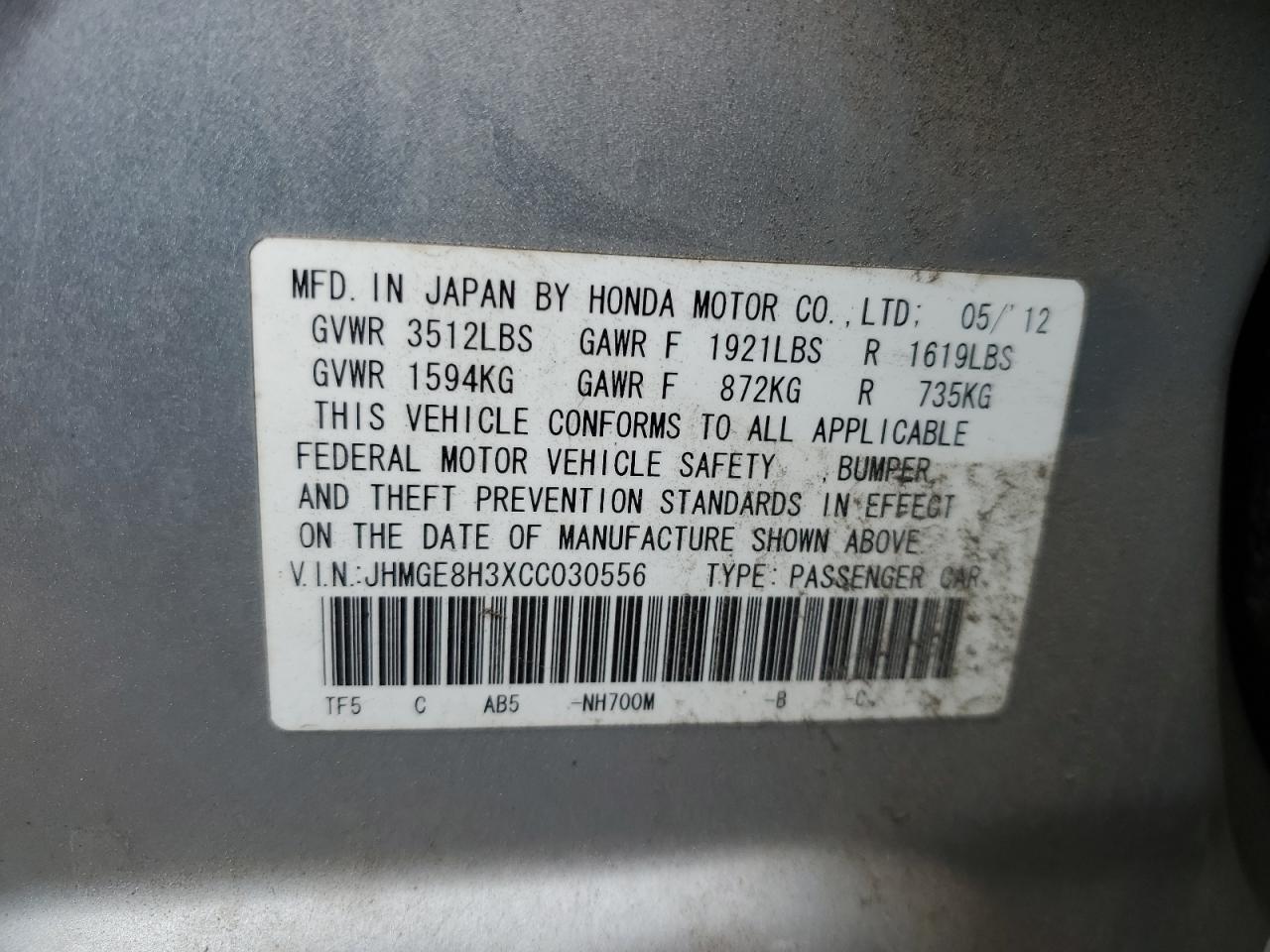 JHMGE8H3XCC030556 2012 Honda Fit