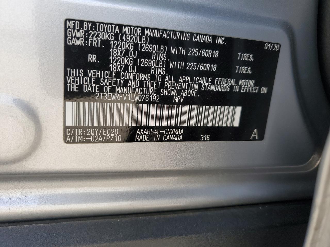 2T3EWRFV1LW076192 2020 Toyota Rav4 Xse