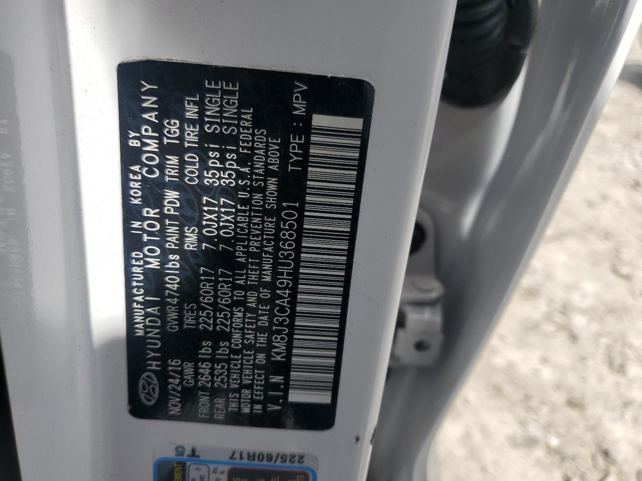 KM8J3CA49HU368501 2017 Hyundai Tucson Limited