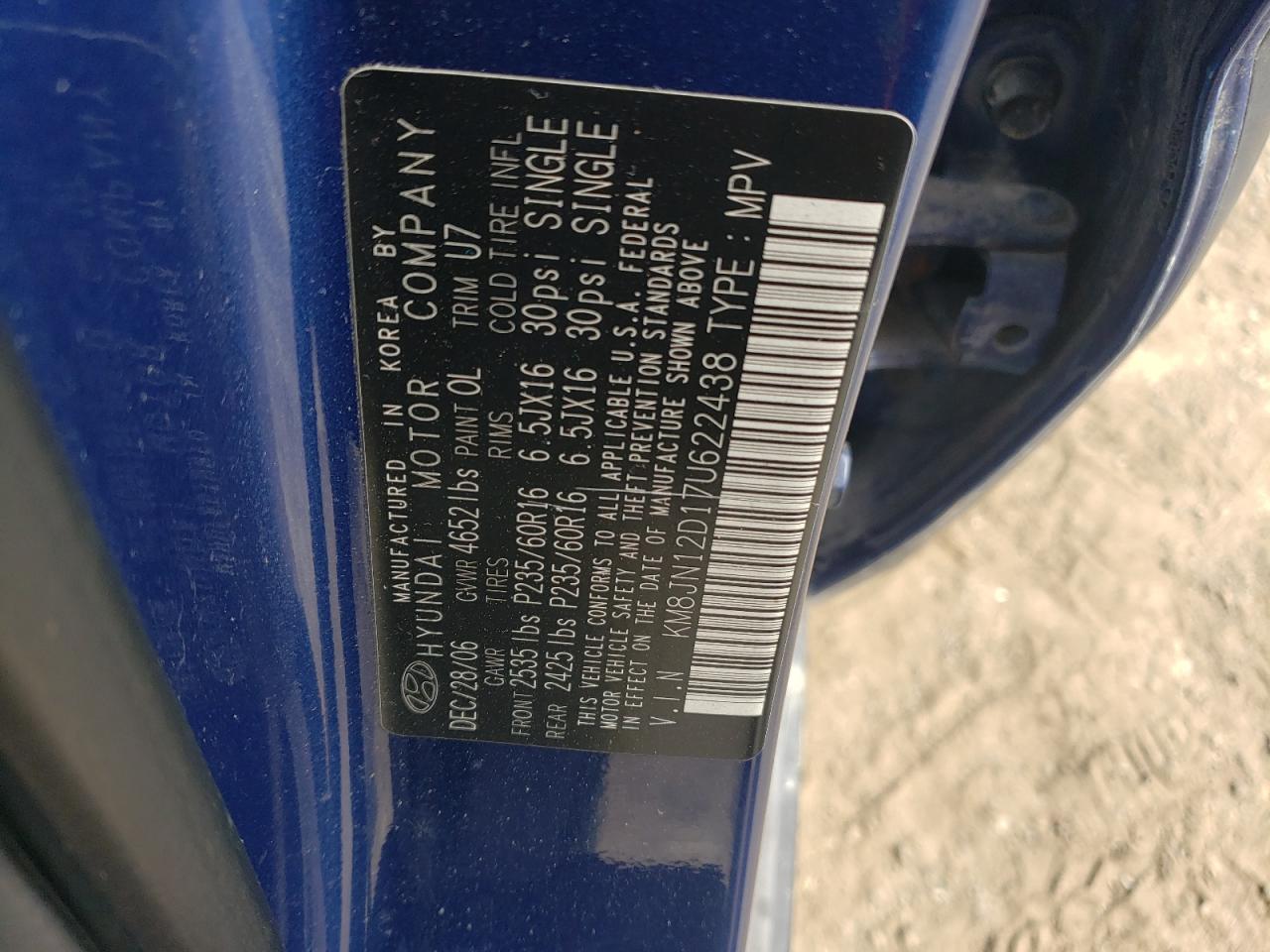 KM8JN12D17U622438 2007 Hyundai Tucson Se