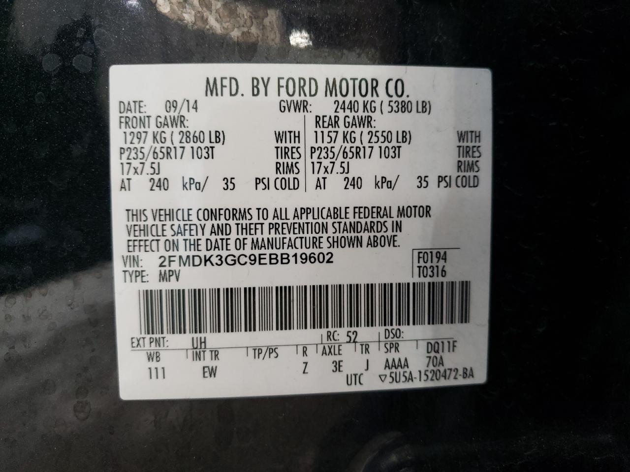 2FMDK3GC9EBB19602 2014 Ford Edge Se