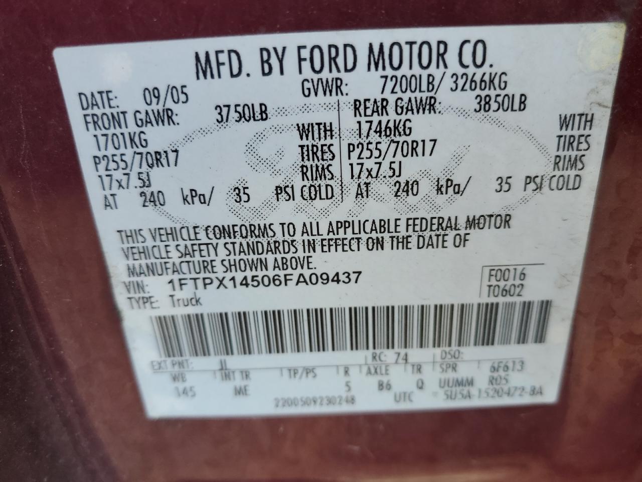 1FTPX14506FA09437 2006 Ford F150