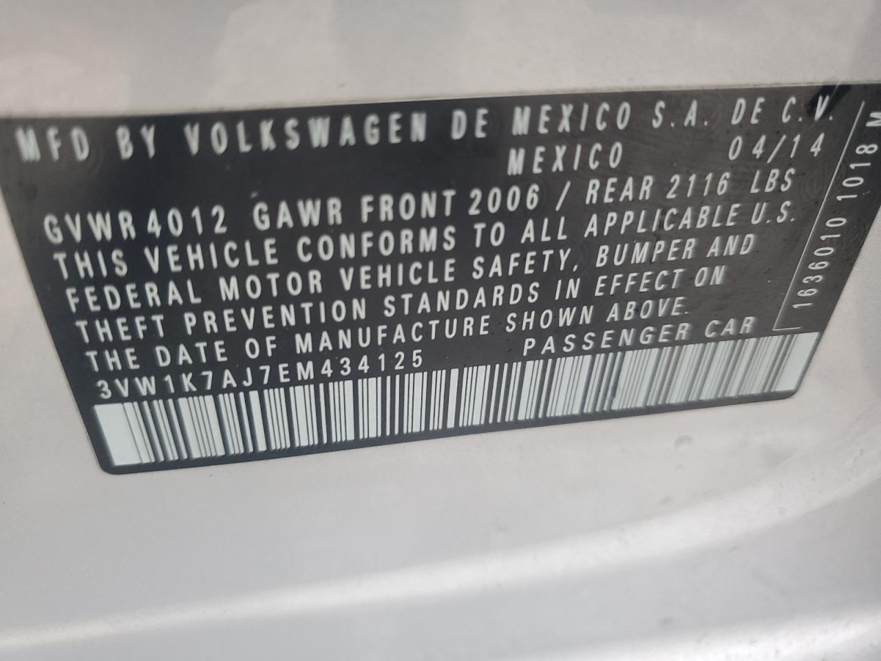 3VW1K7AJ7EM434125 2014 Volkswagen Jetta Base