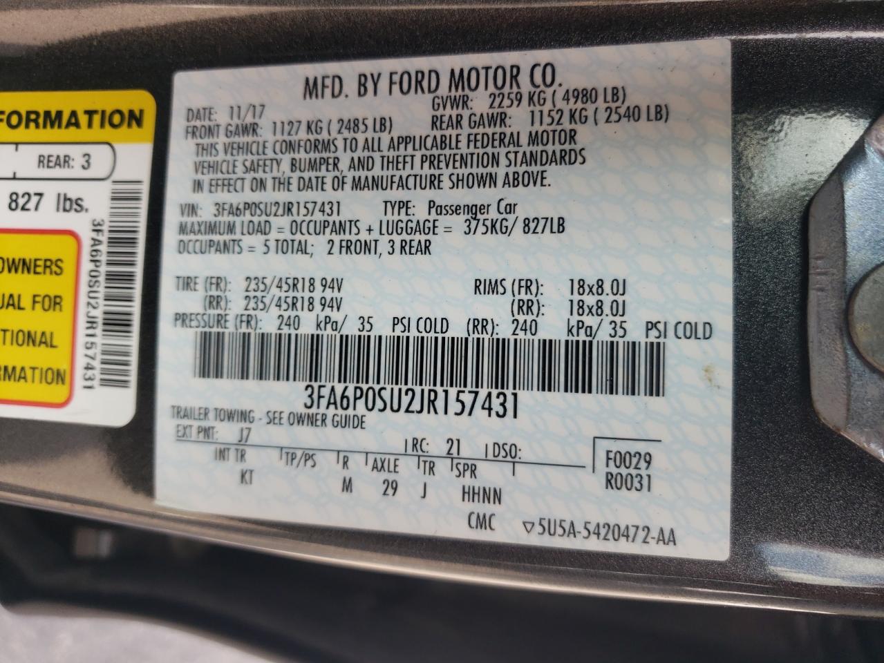 3FA6P0SU2JR157431 2018 Ford Fusion Titanium/Platinum Phev