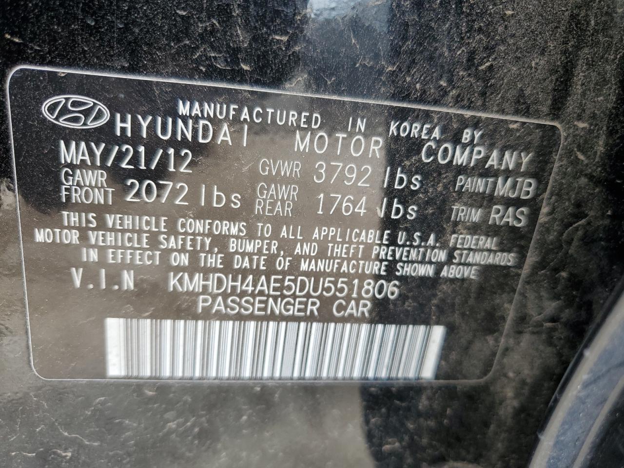 KMHDH4AE5DU551806 2013 Hyundai Elantra Gls