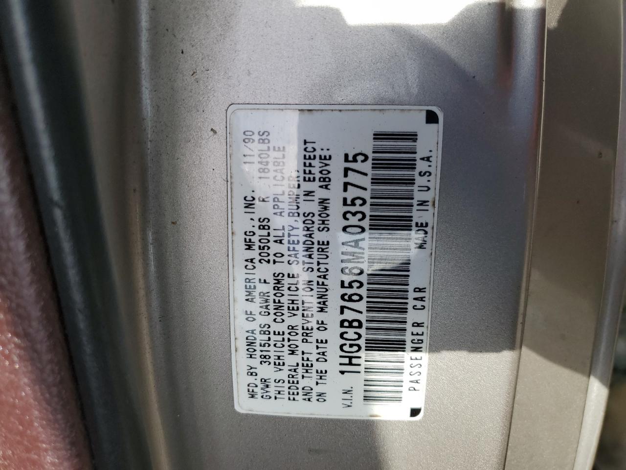 1HGCB7656MA035775 1991 Honda Accord Lx