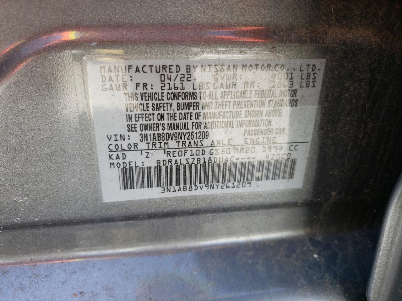 3N1AB8DV9NY261209 2022 Nissan Sentra Sr