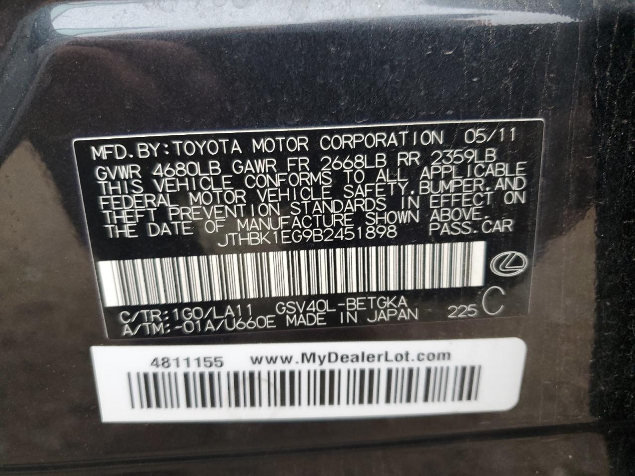 JTHBK1EG9B2451898 2011 Lexus Es 350