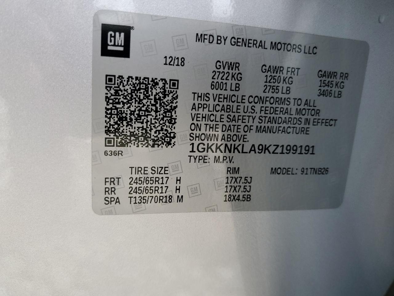 1GKKNKLA9KZ199191 2019 GMC Acadia Sle