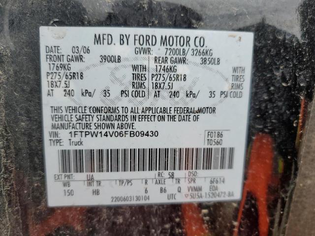 2006 Ford F150 Supercrew VIN: 1FTPW14V06FB09430 Lot: 53110264