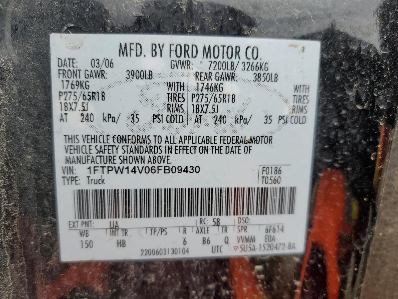 1FTPW14V06FB09430 2006 Ford F150 Supercrew