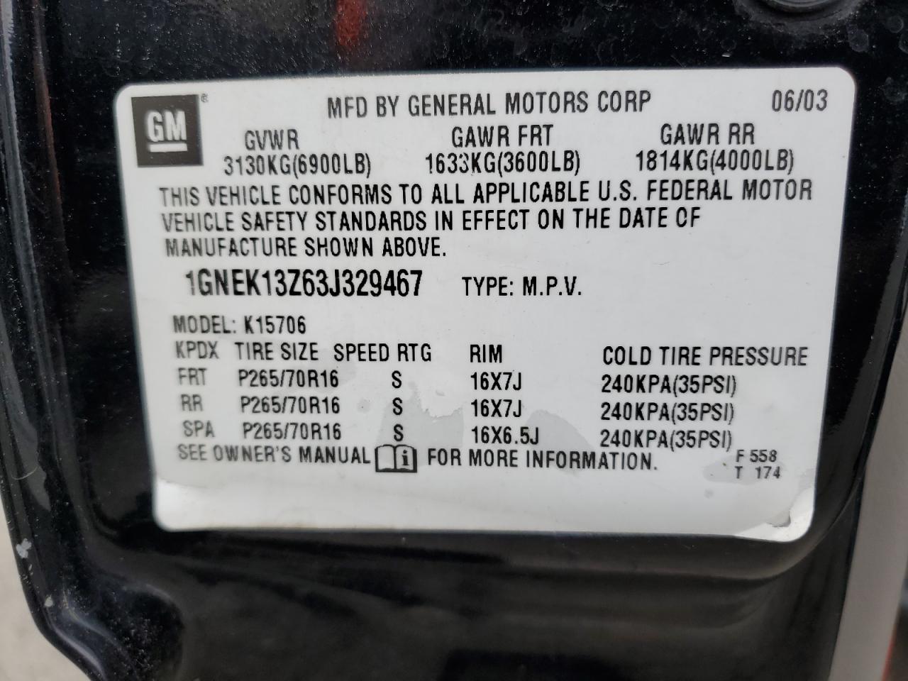 1GNEK13Z63J329467 2003 Chevrolet Tahoe K1500