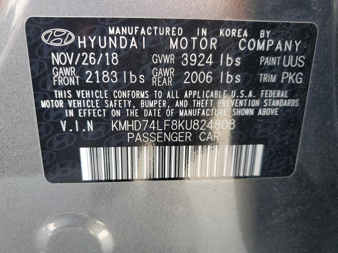 KMHD74LF8KU824808 2019 Hyundai Elantra Se