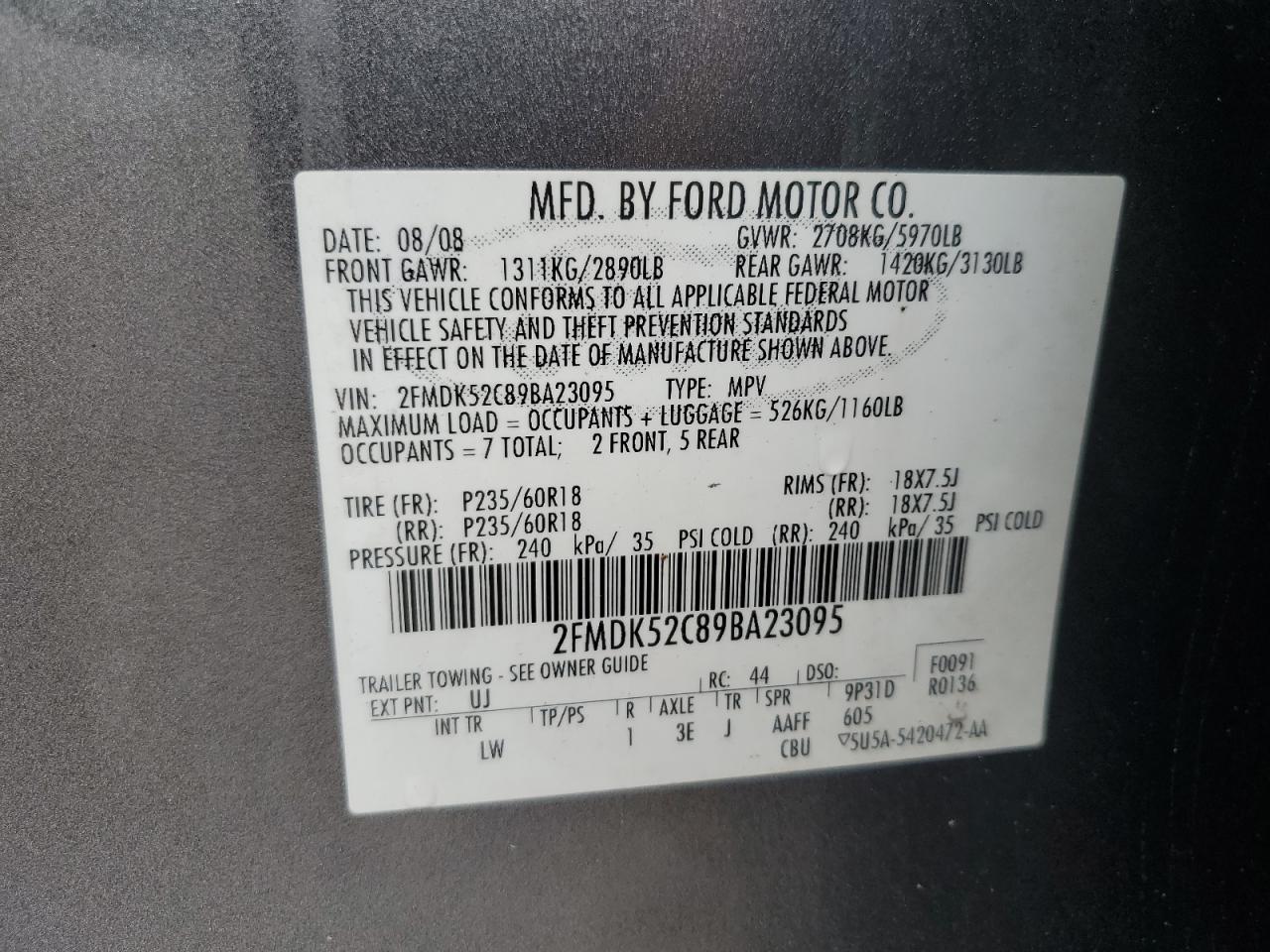 2FMDK52C89BA23095 2009 Ford Flex Sel