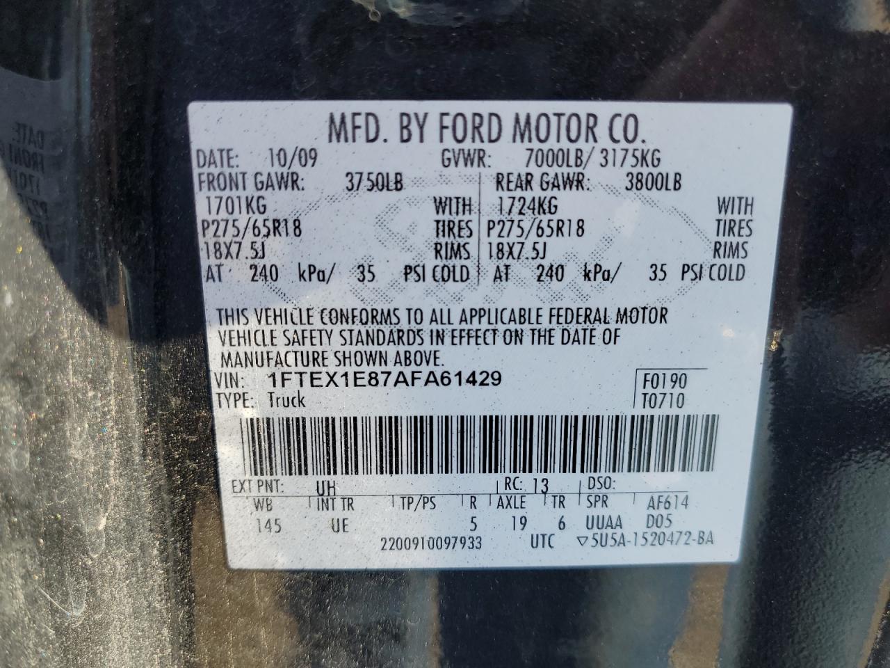 1FTEX1E87AFA61429 2010 Ford F150 Super Cab