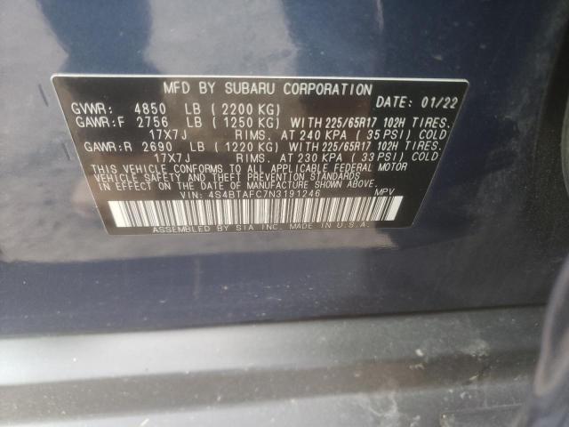 2022 Subaru Outback Premium VIN: 4S4BTAFC7N3191246 Lot: 54914664