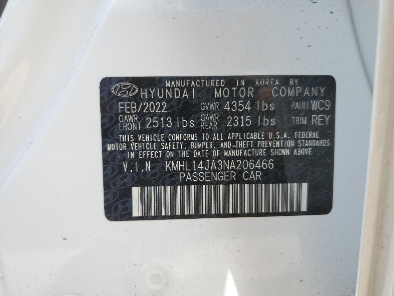 KMHL14JA3NA206466 2022 Hyundai Sonata Sel