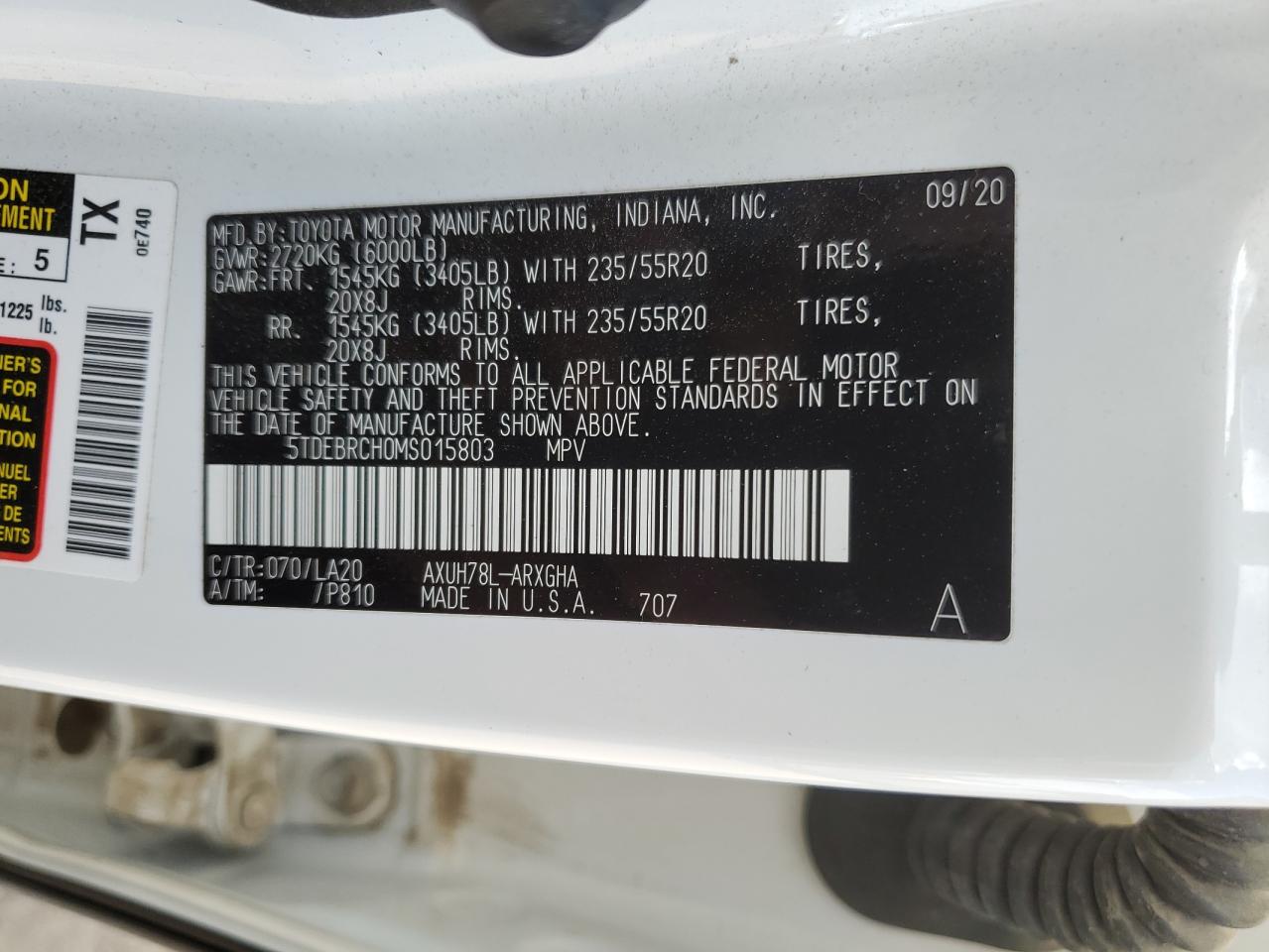 5TDEBRCH0MS015803 2021 Toyota Highlander Hybrid Platinum