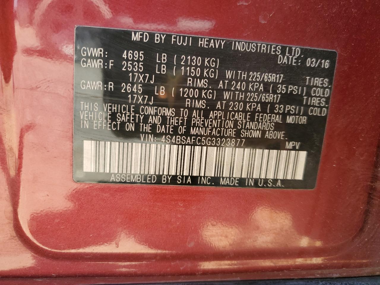 4S4BSAFC5G3323877 2016 Subaru Outback 2.5I Premium