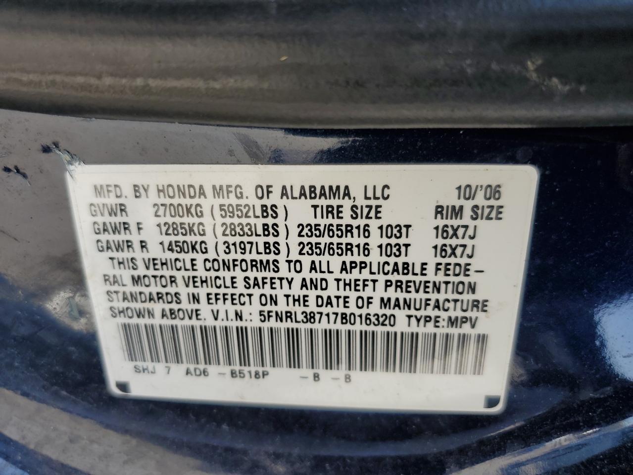 5FNRL38717B016320 2007 Honda Odyssey Exl