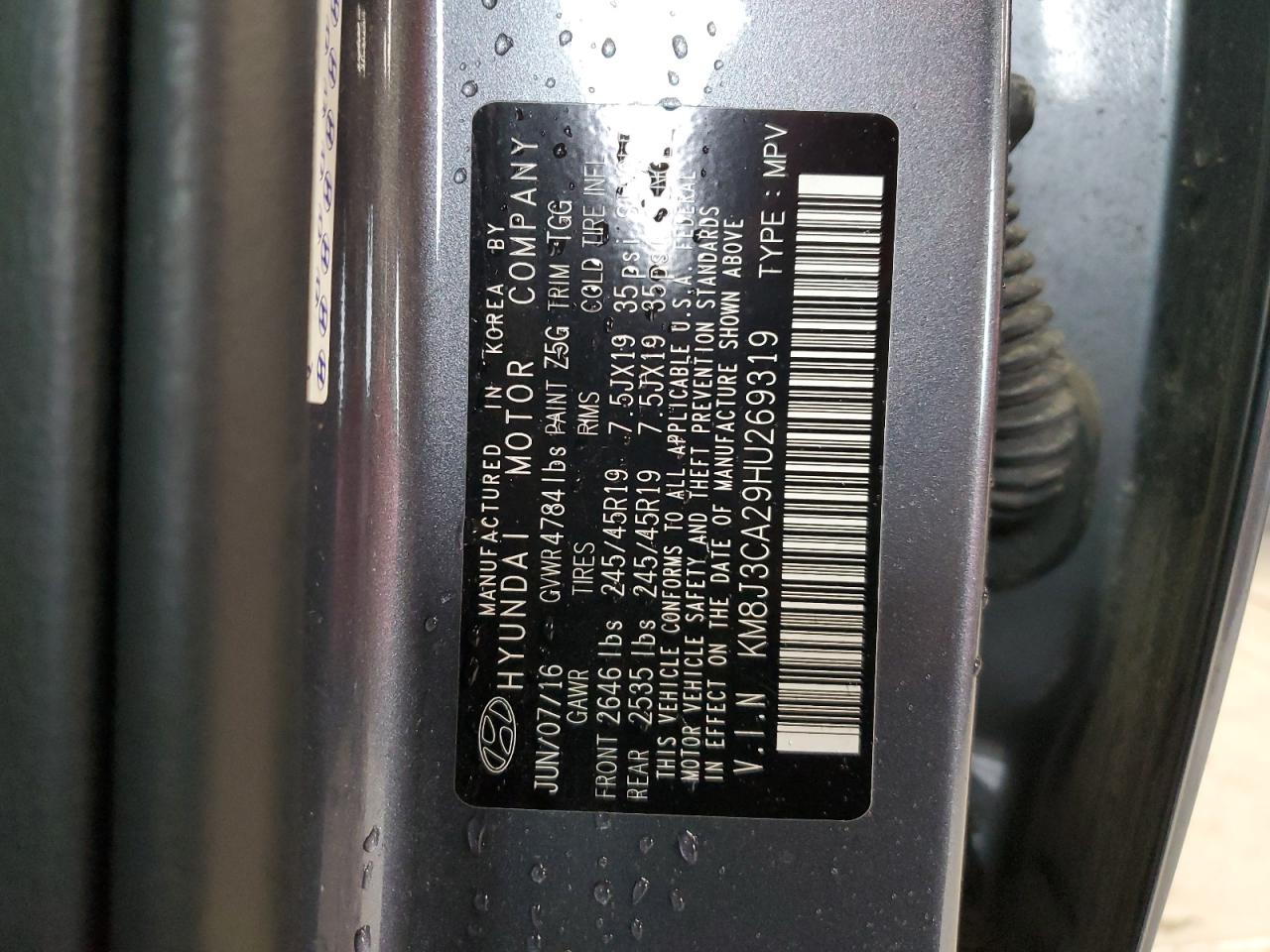 KM8J3CA29HU269319 2017 Hyundai Tucson Limited