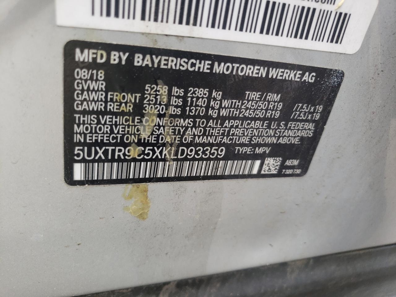 5UXTR9C5XKLD93359 2019 BMW X3 xDrive30I
