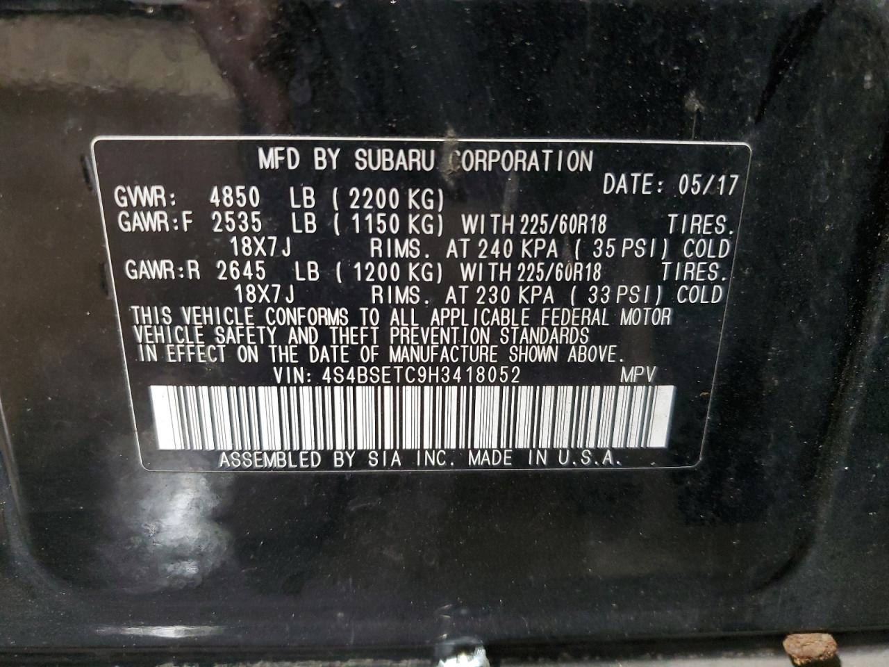 4S4BSETC9H3418052 2017 Subaru Outback Touring