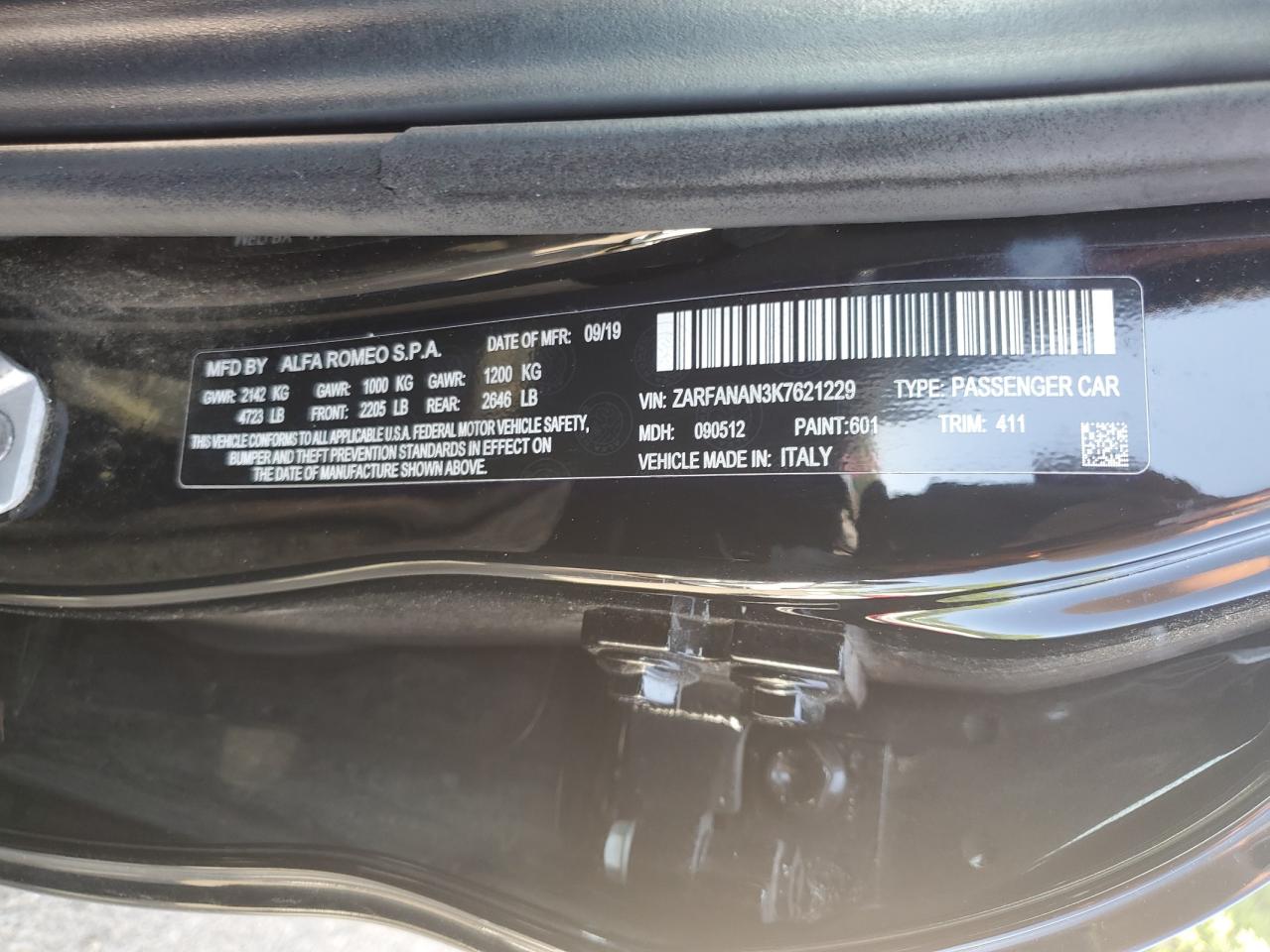 ZARFANAN3K7621229 2019 Alfa Romeo Giulia