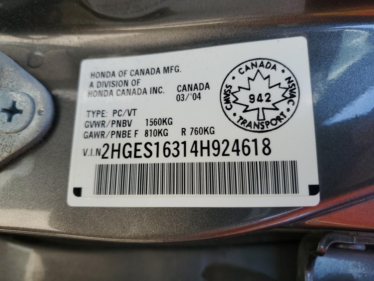 2HGES16314H924618 2004 Honda Civic Dx Vp