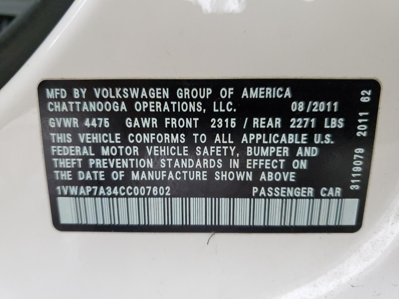 1VWAP7A34CC007602 2012 Volkswagen Passat S