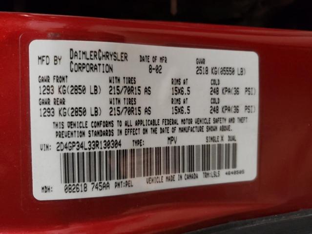 2003 Dodge Grand Caravan El VIN: 2D4GP34L33R130304 Lot: 54778684