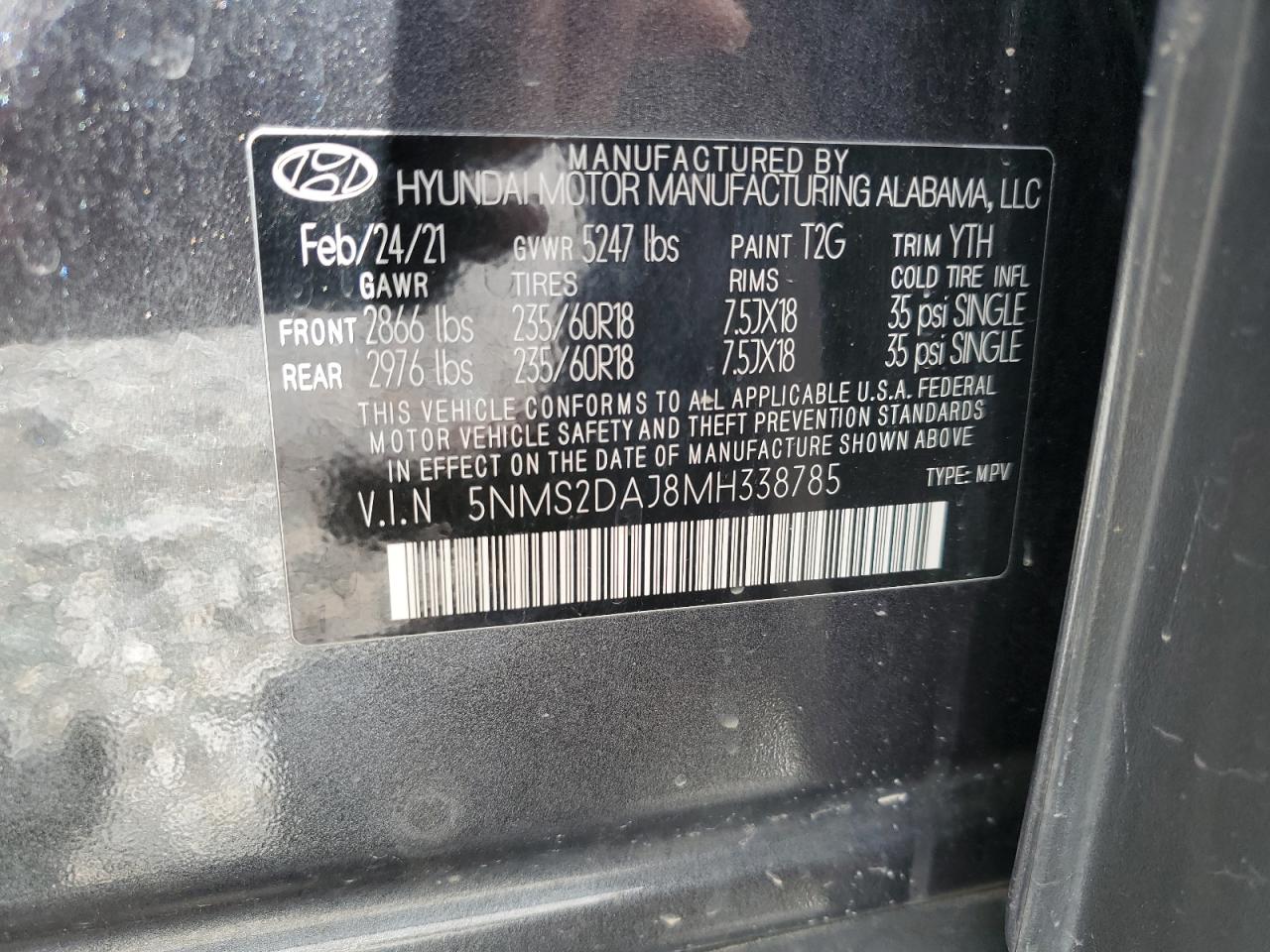 5NMS2DAJ8MH338785 2021 Hyundai Santa Fe Sel