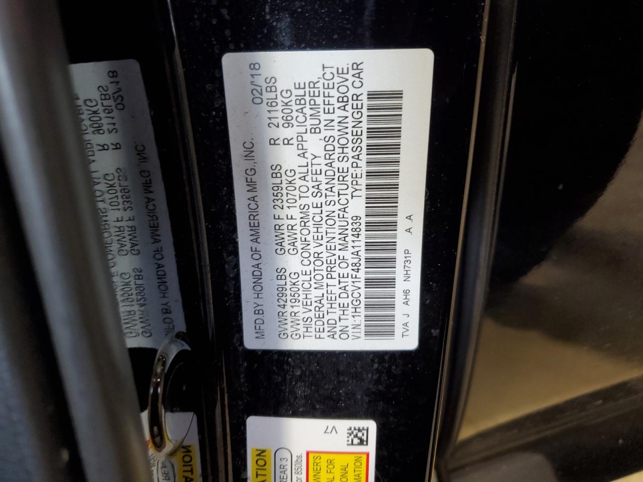 1HGCV1F48JA114839 2018 Honda Accord Ex