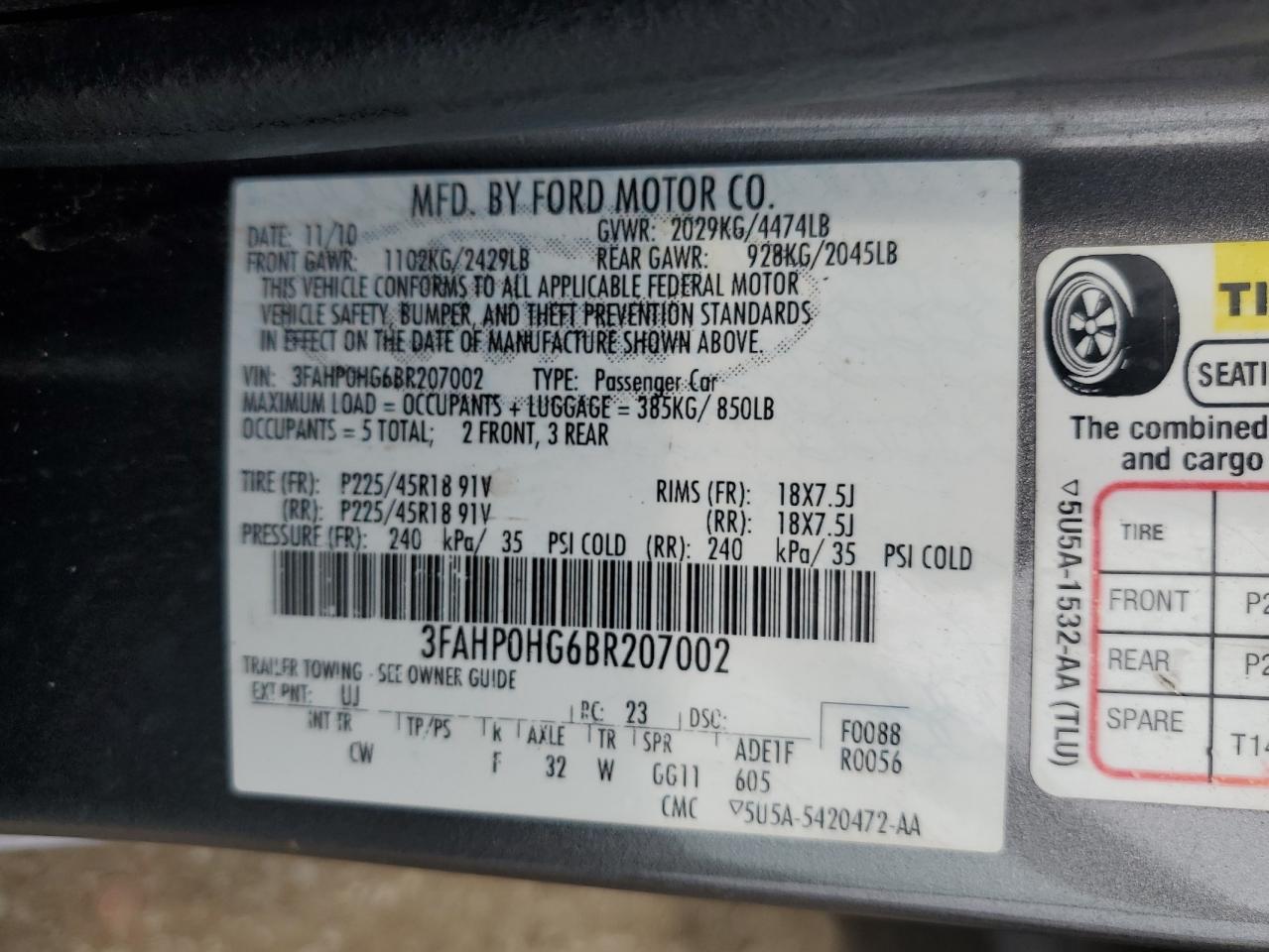 3FAHP0HG6BR207002 2011 Ford Fusion Se
