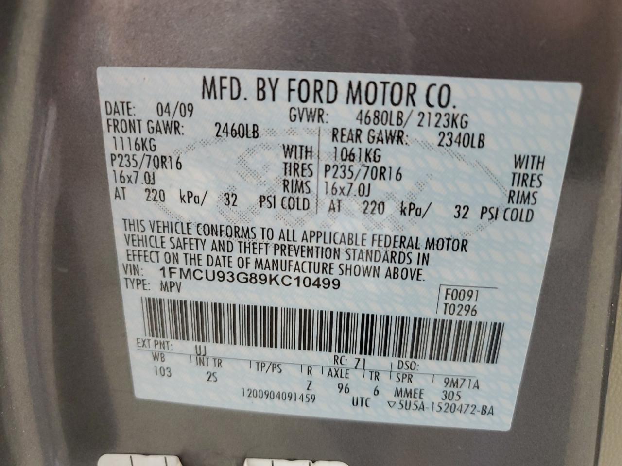 1FMCU93G89KC10499 2009 Ford Escape Xlt