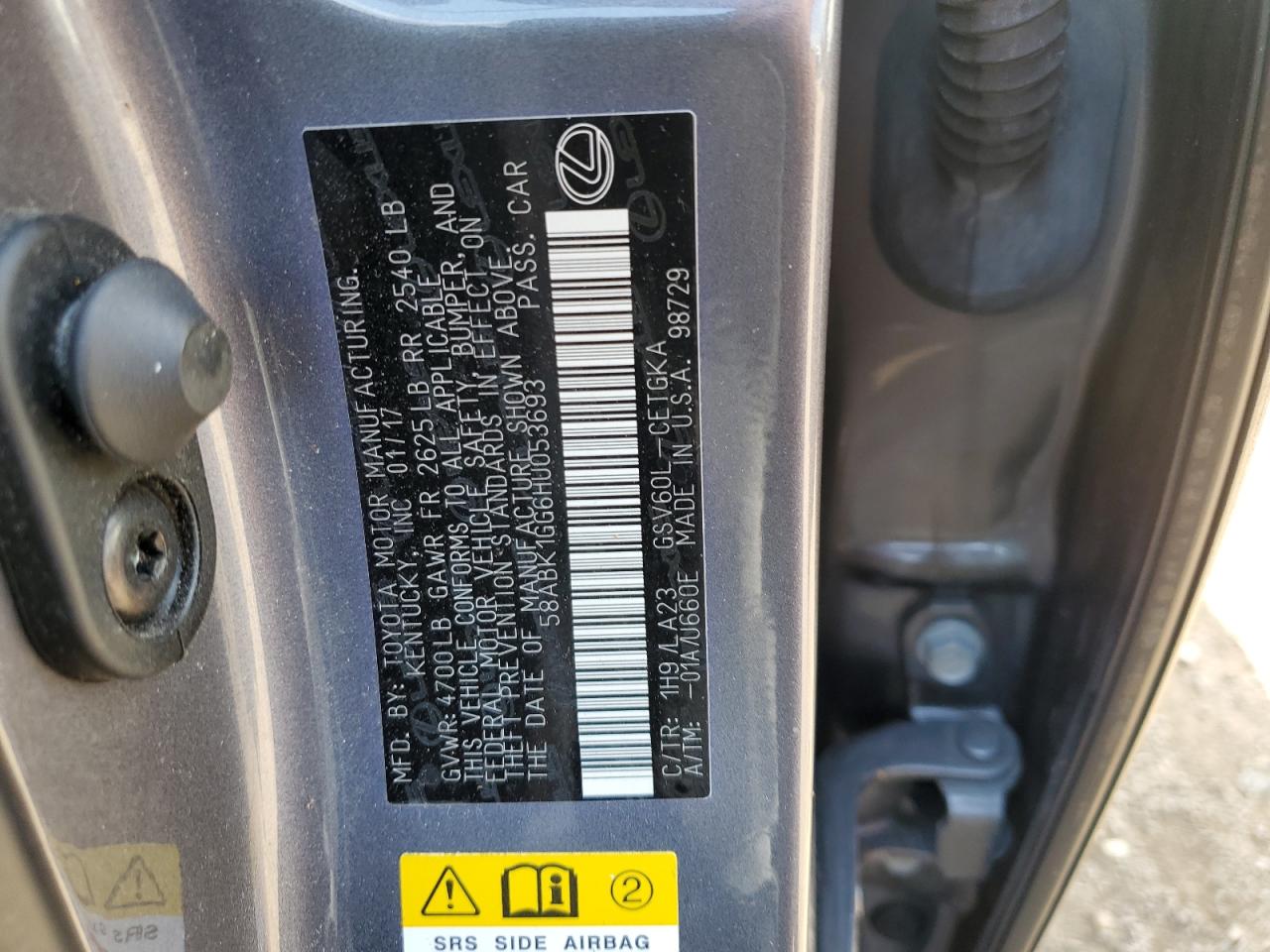 58ABK1GG6HU053693 2017 Lexus Es 350