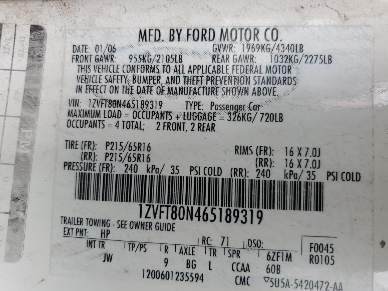 1ZVFT80N465189319 2006 Ford Mustang