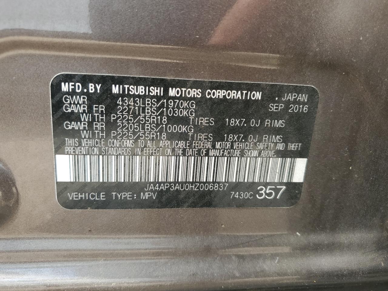 JA4AP3AU0HZ006837 2017 Mitsubishi Outlander Sport Es