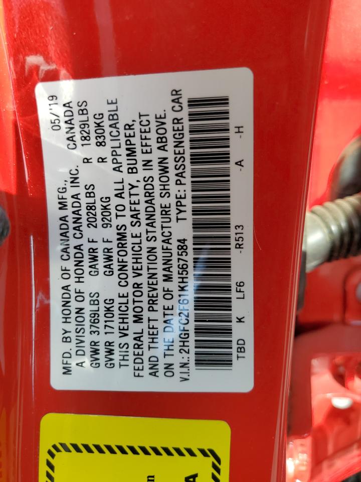 2HGFC2F61KH567584 2019 Honda Civic Lx