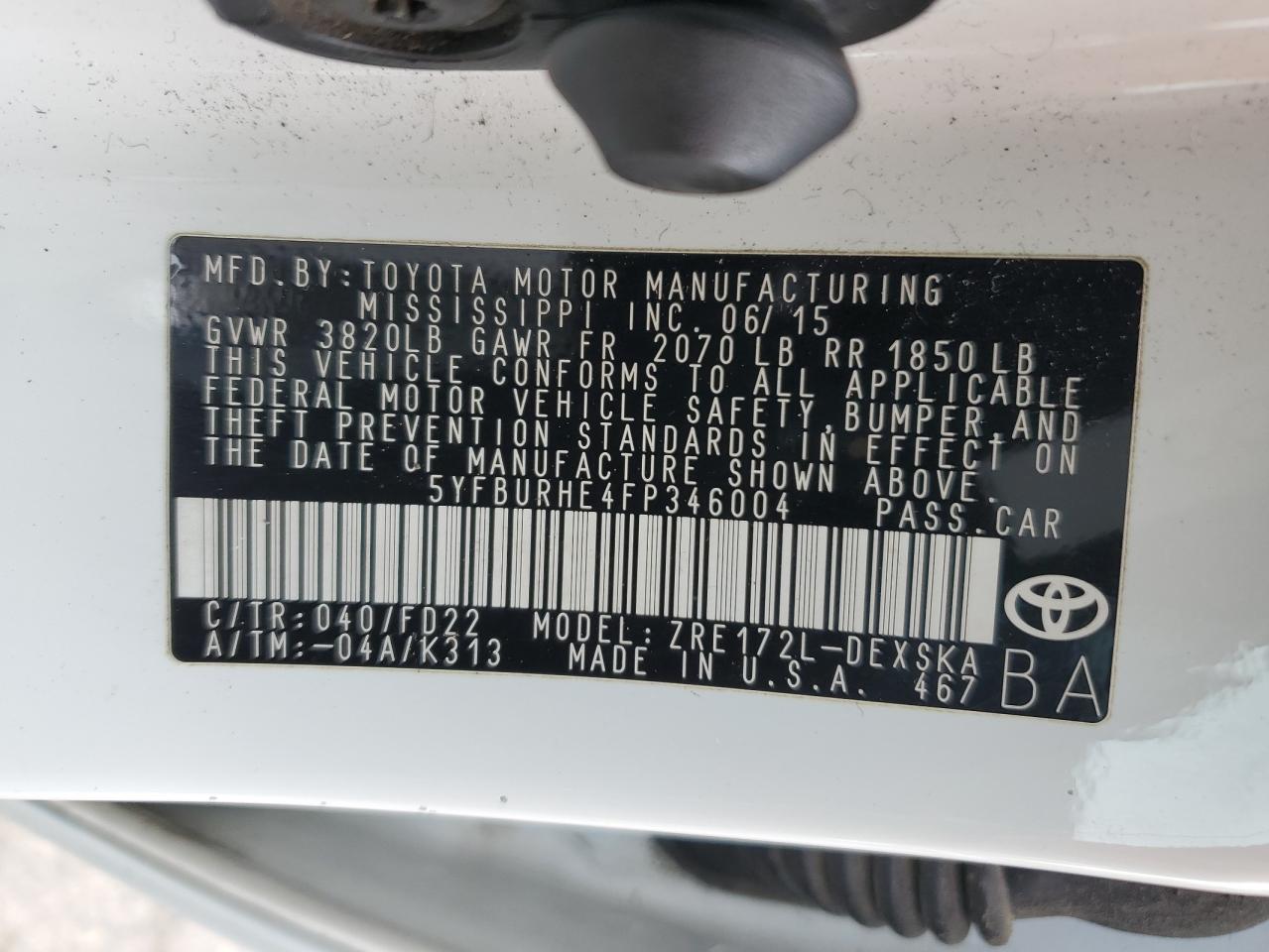 5YFBURHE4FP346004 2015 Toyota Corolla L