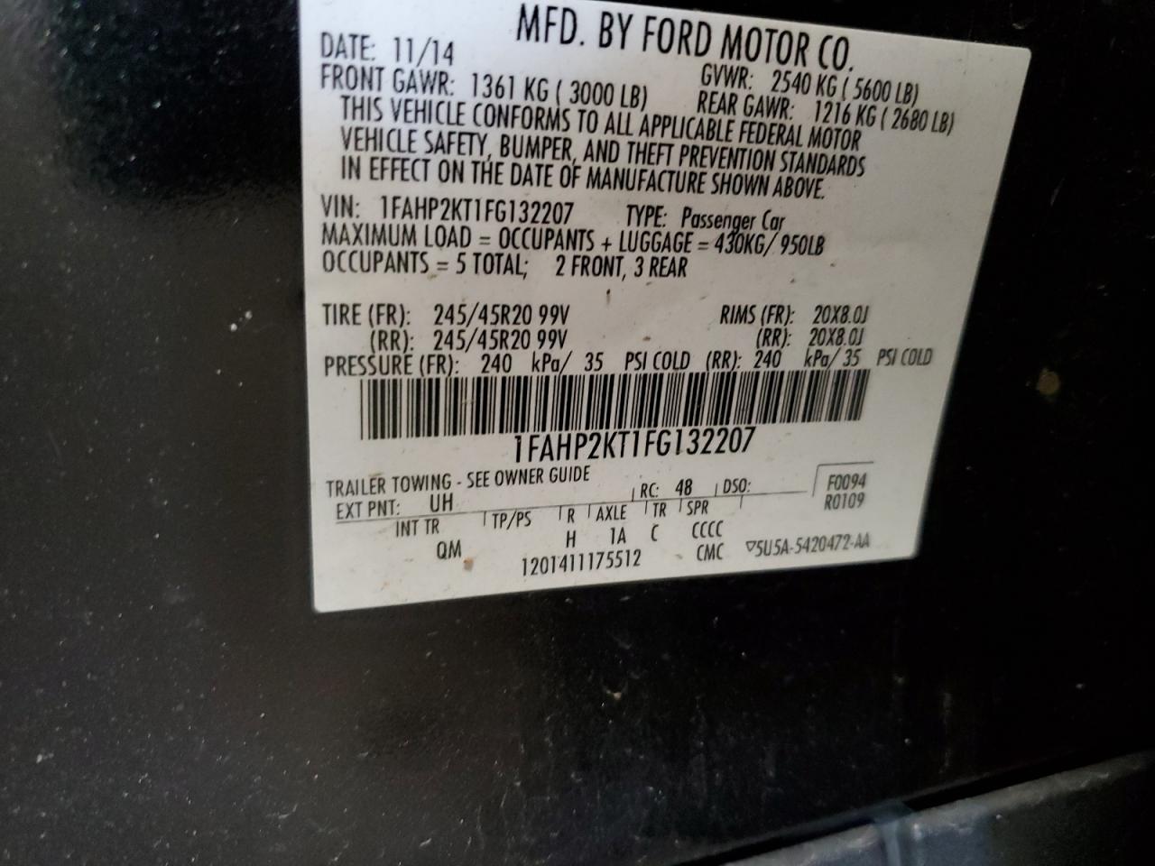 1FAHP2KT1FG132207 2015 Ford Taurus Sho