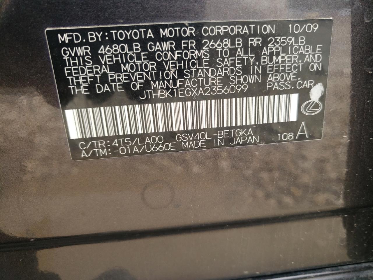 JTHBK1EGXA2356099 2010 Lexus Es 350