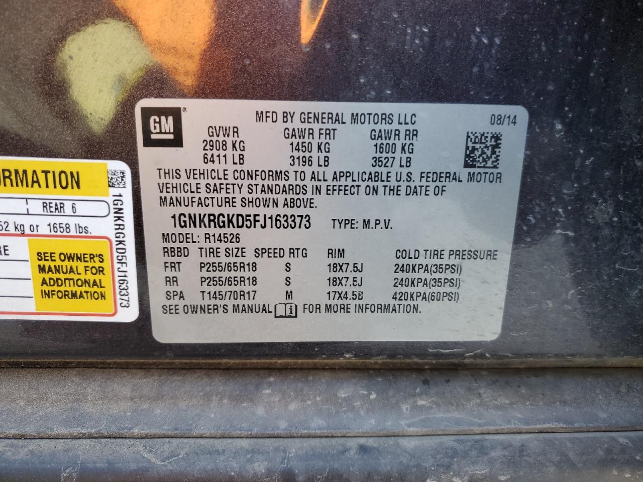 1GNKRGKD5FJ163373 2015 Chevrolet Traverse Lt