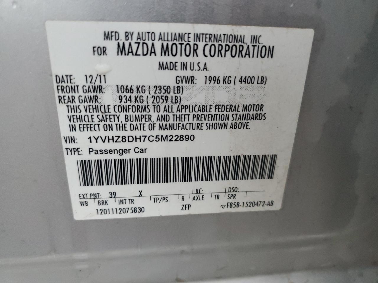 1YVHZ8DH7C5M22890 2012 Mazda 6 I