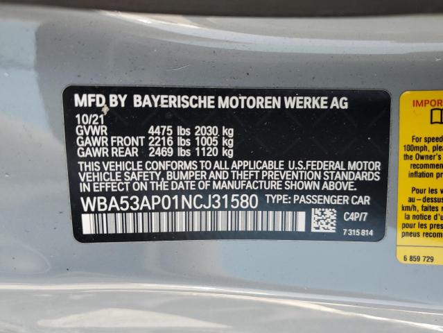 2022 BMW 430I VIN: WBA53AP01NCJ31580 Lot: 53397814