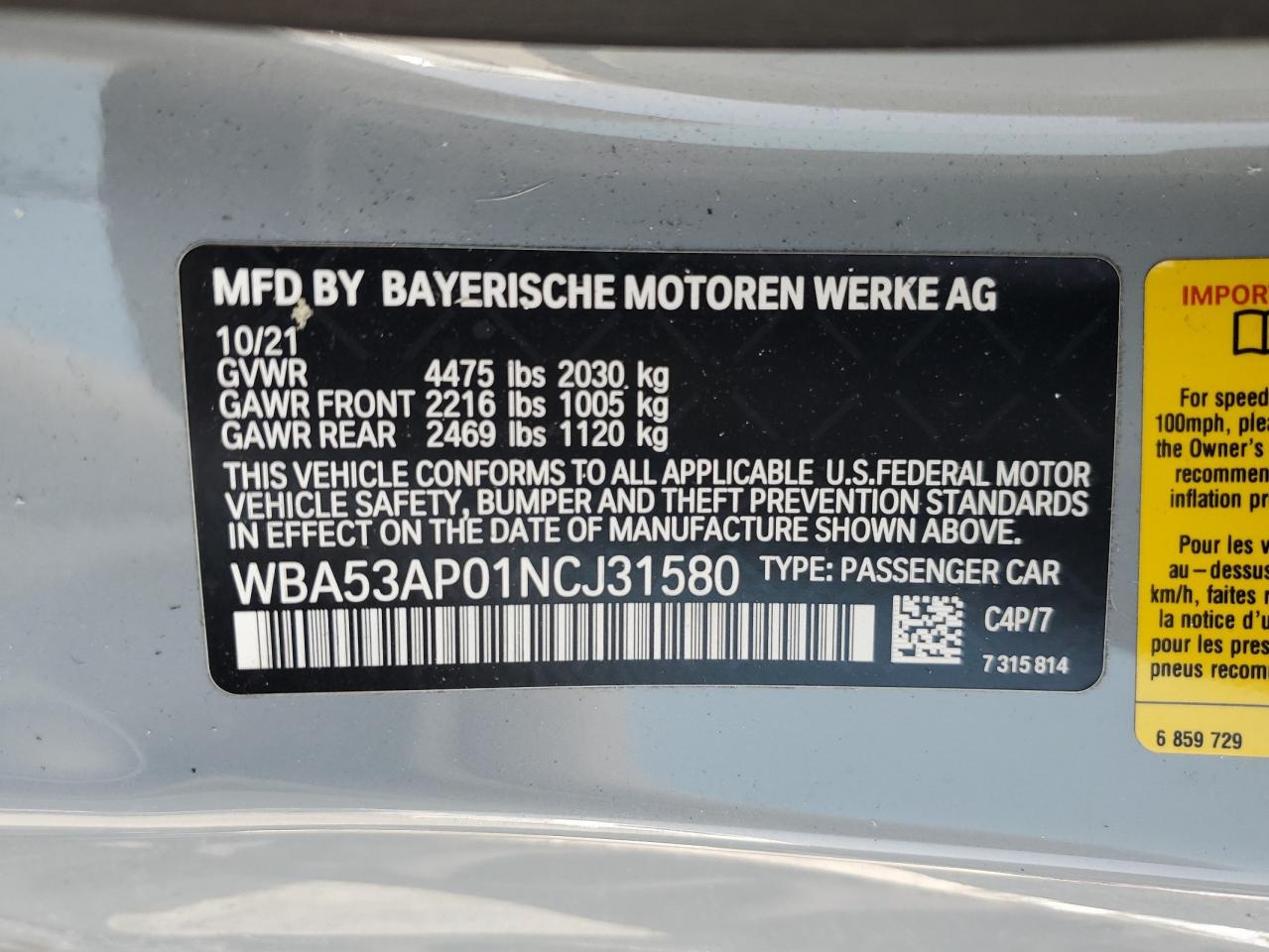 WBA53AP01NCJ31580 2022 BMW 430I