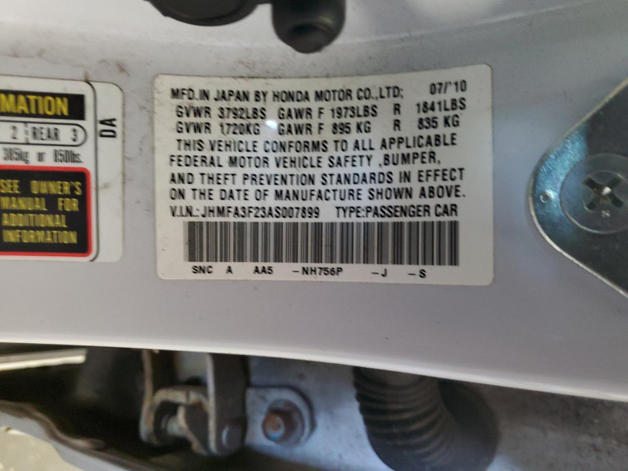 JHMFA3F23AS007899 2010 Honda Civic Hybrid