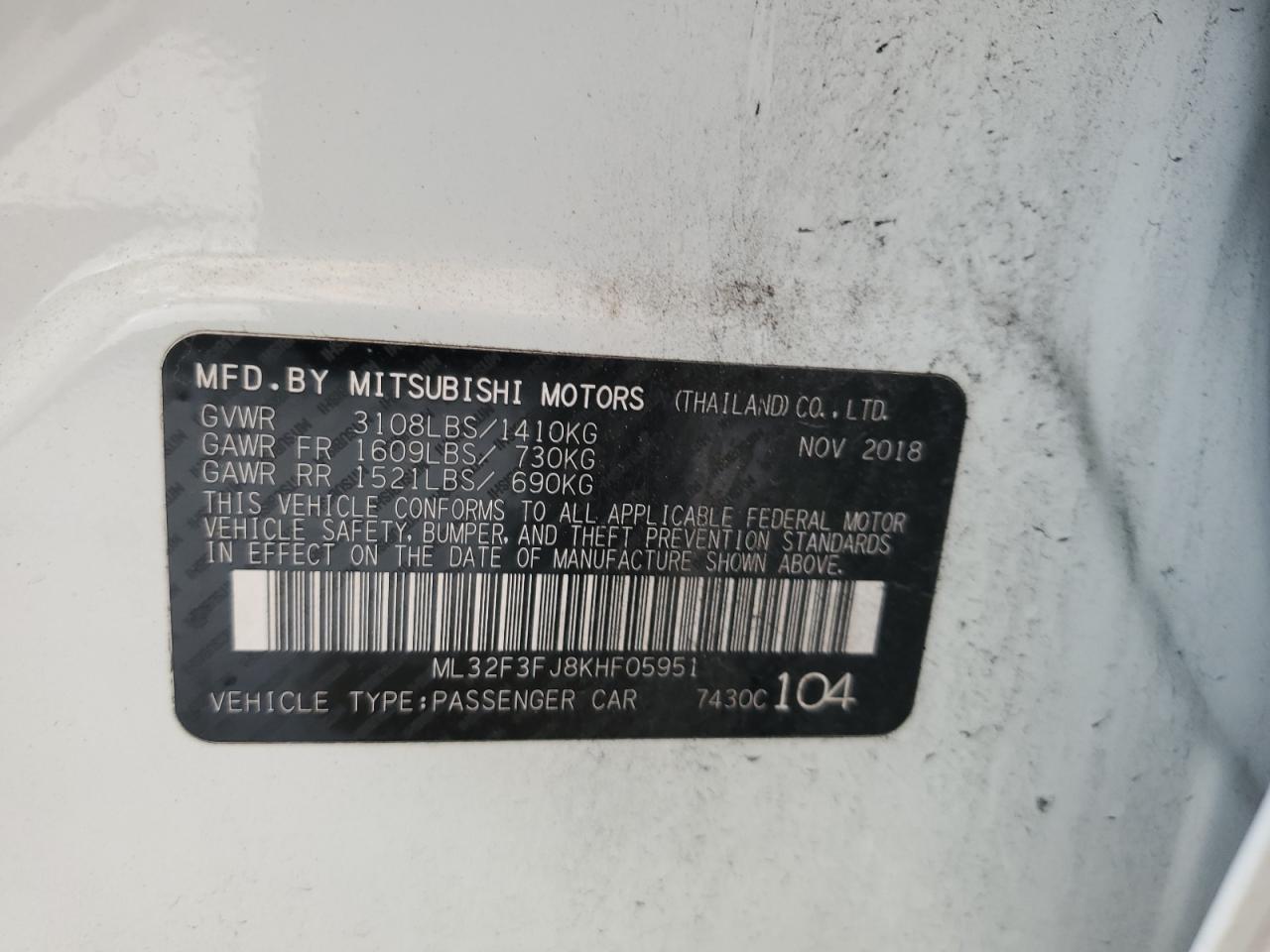 ML32F3FJ8KHF05951 2019 Mitsubishi Mirage G4 Es