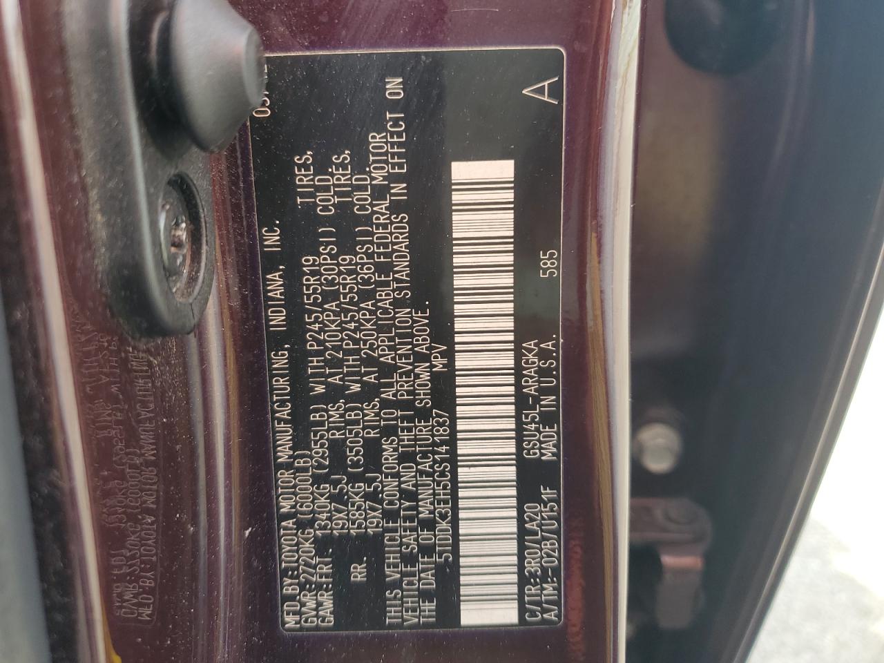 5TDDK3EH5CS141837 2012 Toyota Highlander Limited