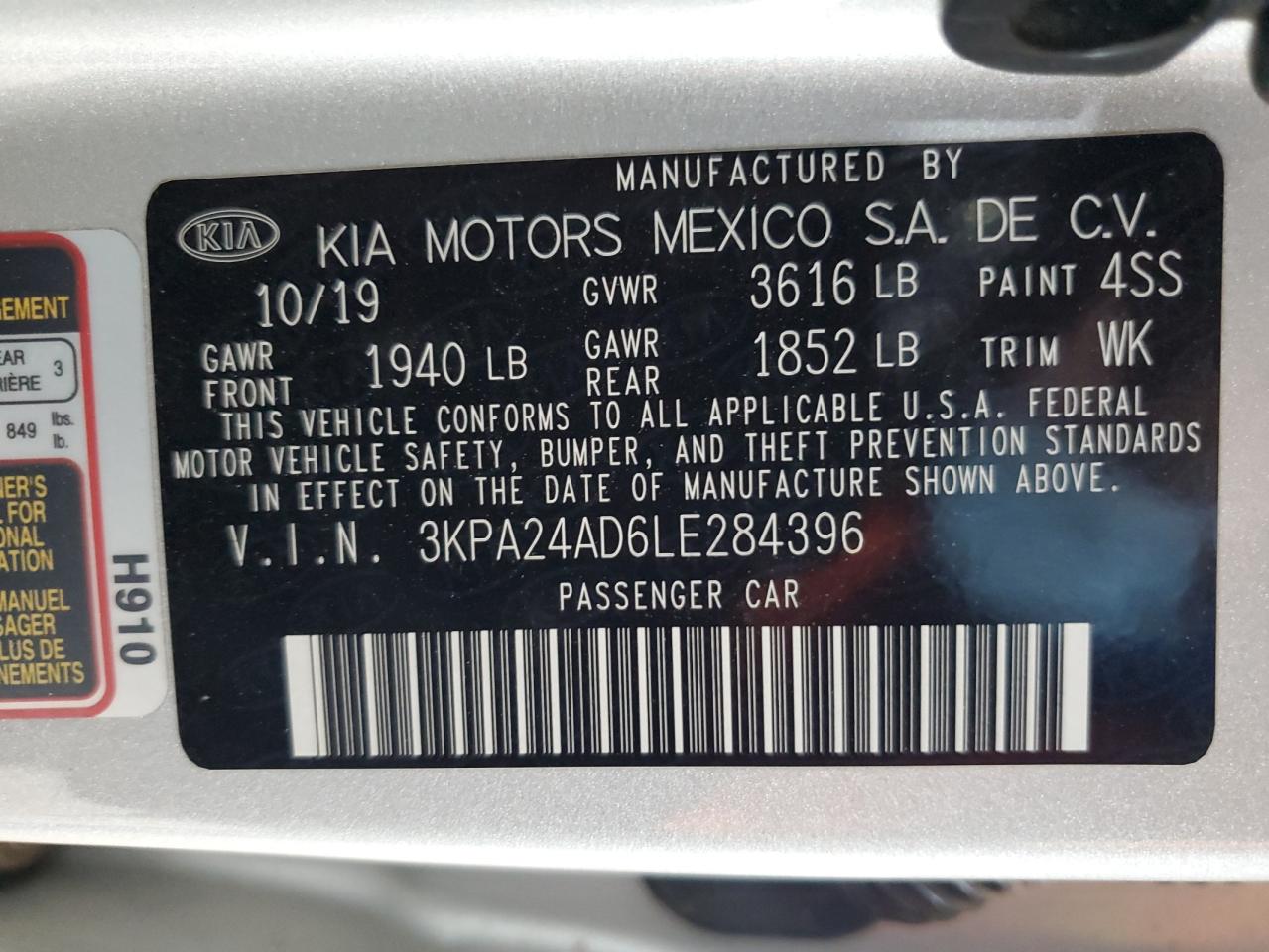 3KPA24AD6LE284396 2020 Kia Rio Lx